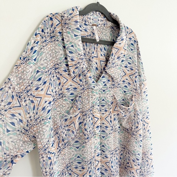 FREE PEOPLE | Easy Rider Geometric Sheer Button Down Shirt White XS - Picture 2 of 6